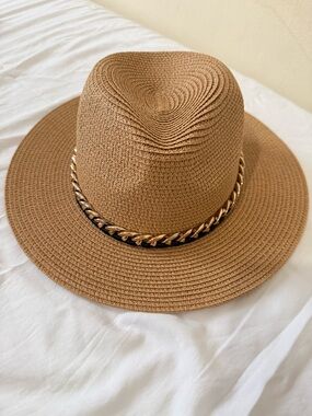 Tan Straw Fedora with Gold Chain Trim